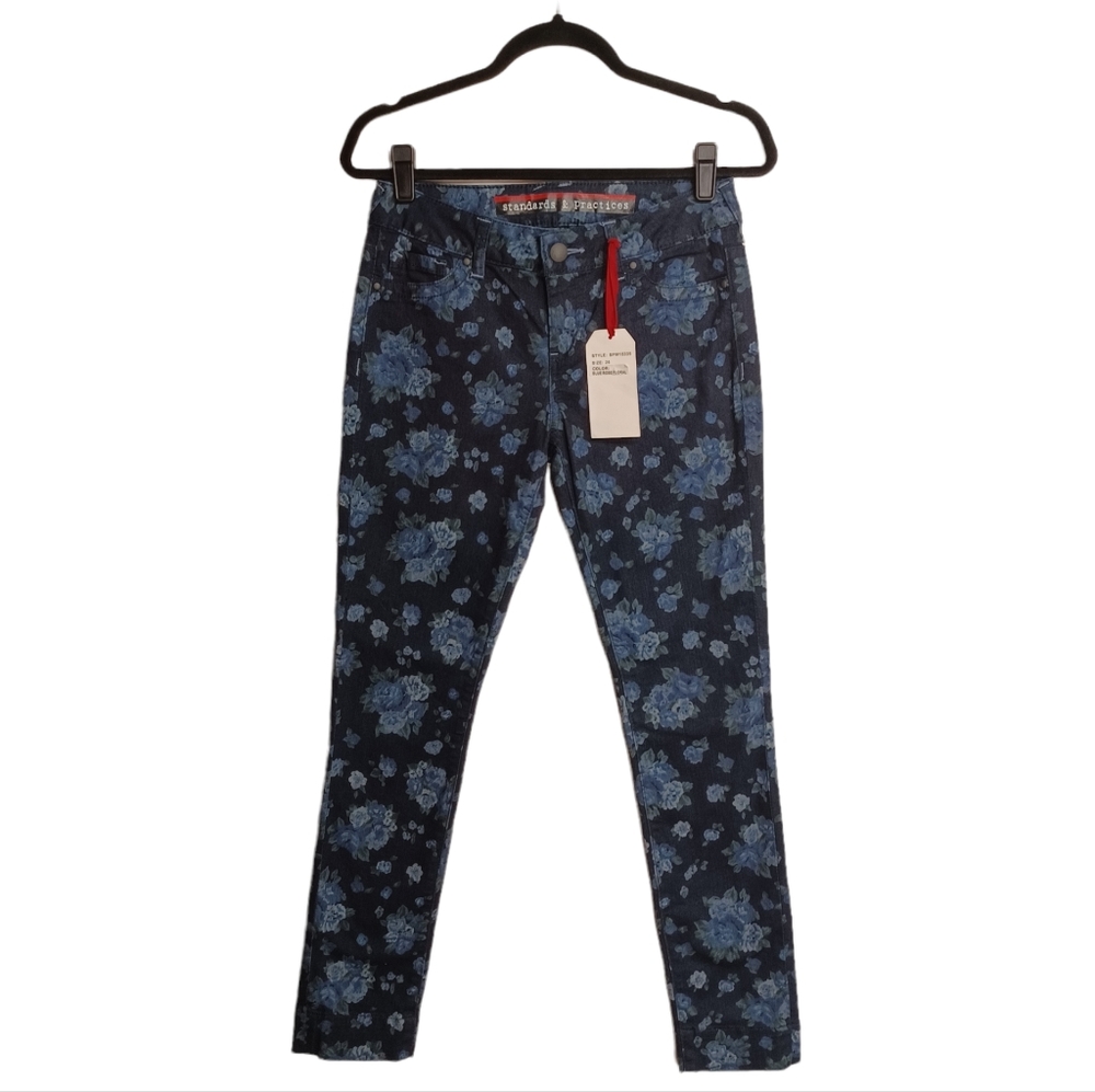 STANDARDS & PRACTICES Blue Floral Print Dark Wash Denim Skinny Jeans 26 NWT